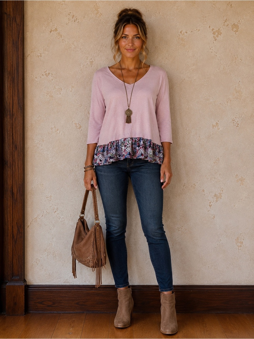 ODDY Boutique Ruffle V-Neck Blouse Pink Purple Burgundy Boutique Size Medium M